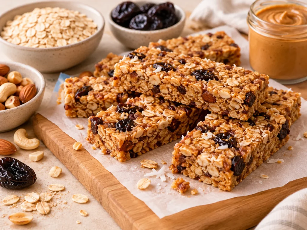 Barrinha de cereal caseira preparada com aveia, ameixa seca, mel, pasta de amendoim e castanhas