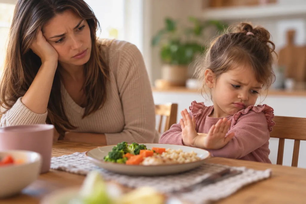 Regressão alimentar infantil: criança pequena recusando alimento durante a refeição